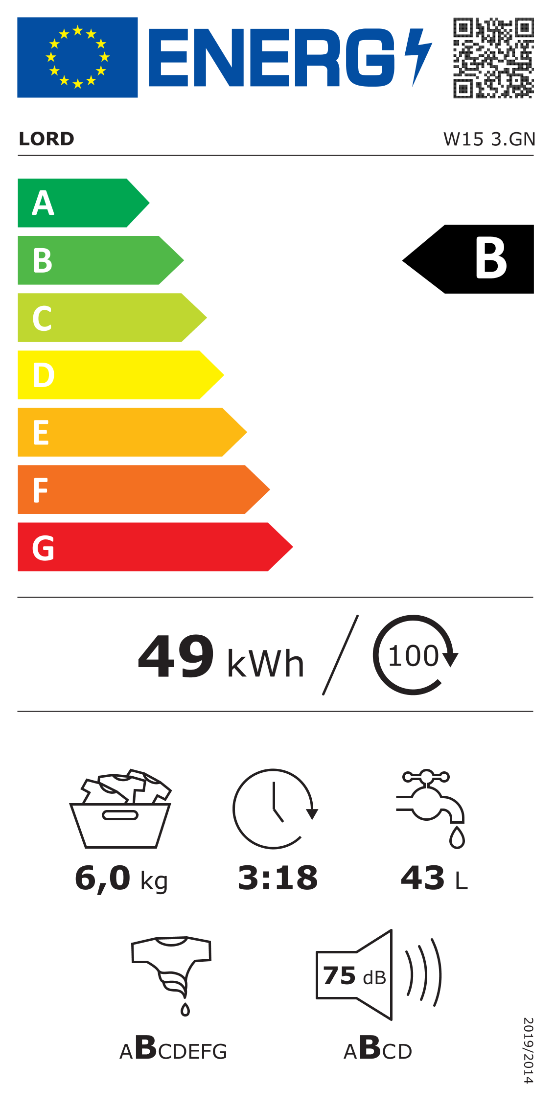 Pračka Lord W15 3.GN - energetický štítek